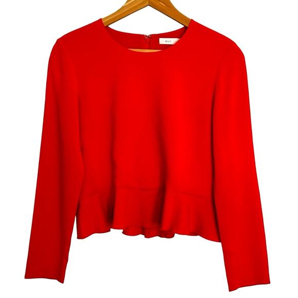 A.L.C. Women's Ann Top Size 6 Cherry Red Crepe Peplum Back Zipper - Picture 2 of 12